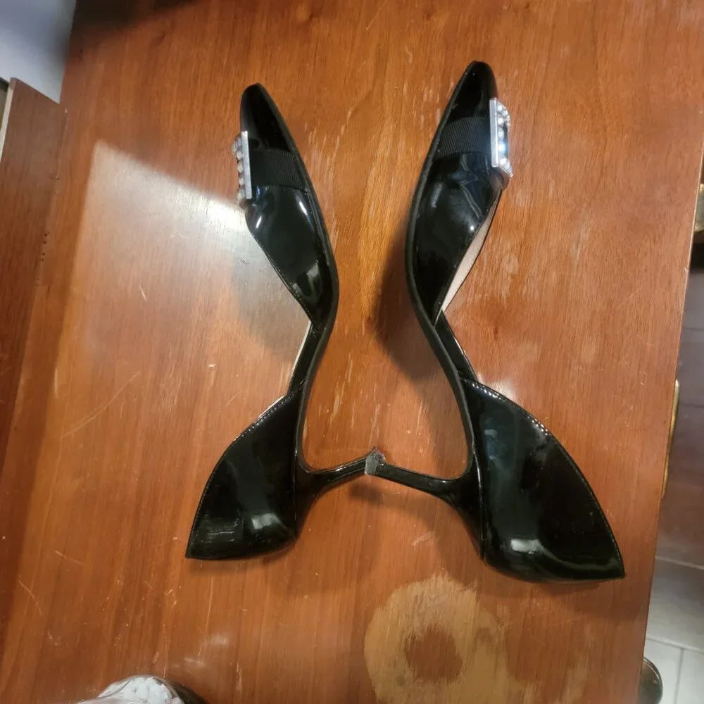 Michael Kors SHIRLEY Black Patent Leather D' Orsay Gem Buckle Heels Shoes FLAWS!